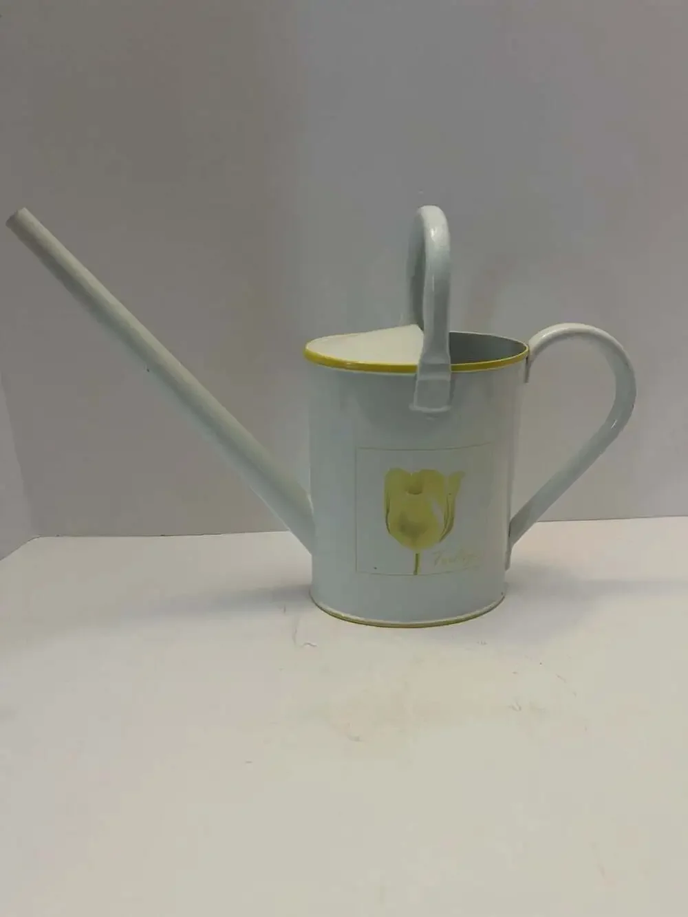 Walmart Marketed White Metal Decorative Watering Can with Yellow Tulip Graphic